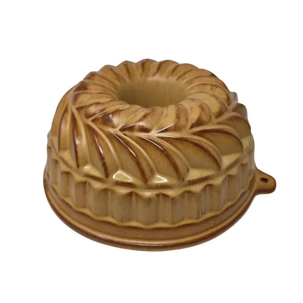 Vintage Stoneware Kugelhopf Mold Brown Glazed Ceramic Bundt Cake Pan 9.5